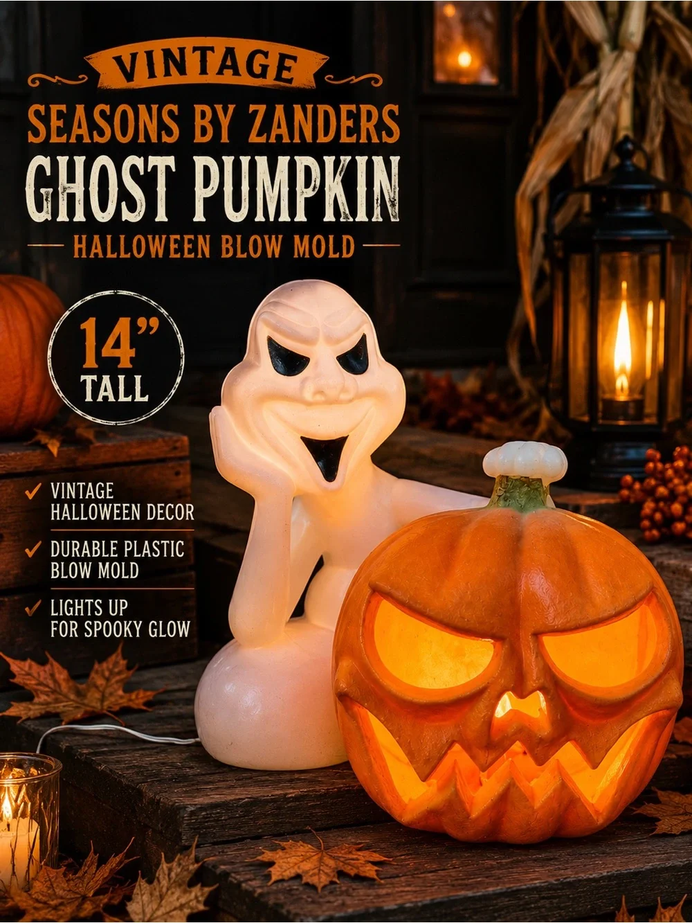Vintage Halloween Blow Mold Ghost Pumpkin 14” Seasons by Zanders Plastic